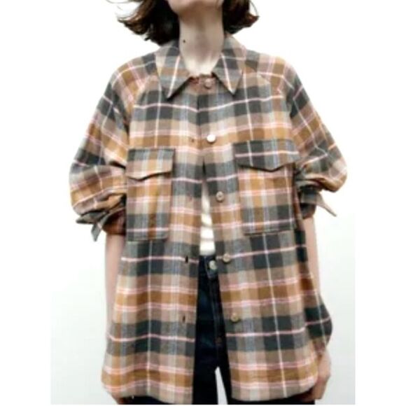 NEW Zara Oversized Plaid Shacket Overshirt Flannel Jacket Tan Pink Gray Size XL - Picture 2 of 16